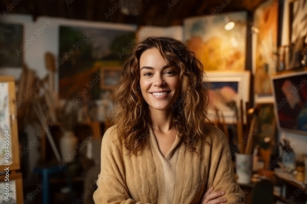 Portrait of a smiling female artist standing with her arms crossed in art studio Portrait of a smiling female artist standing with her arms crossed in art studio