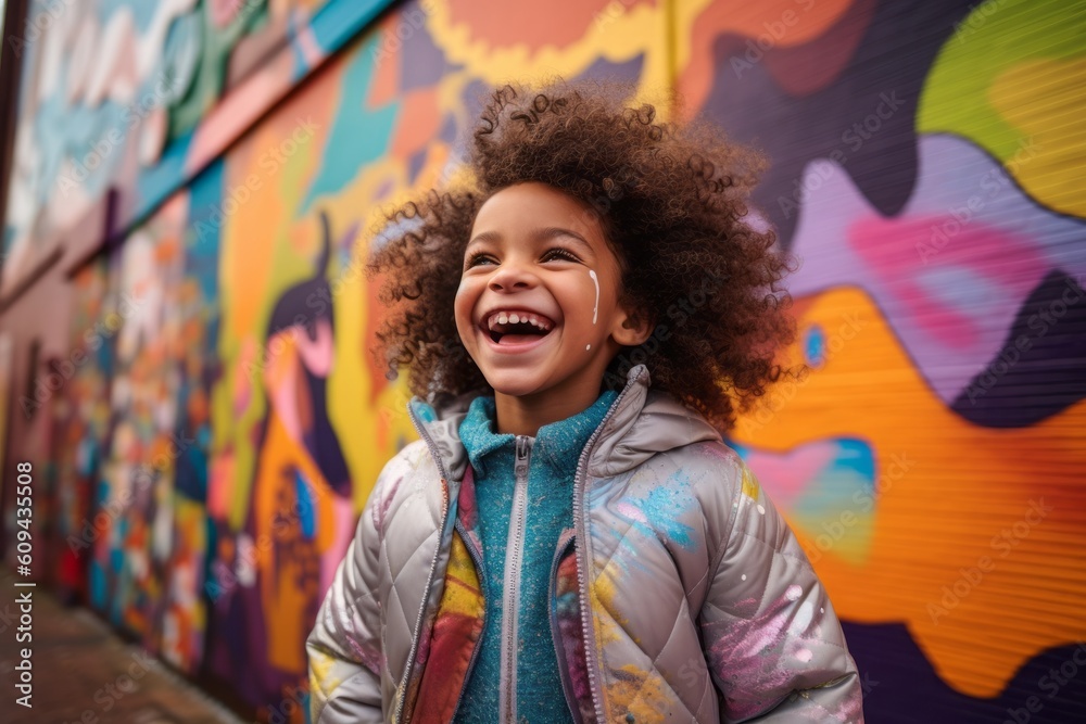 Medium shot portrait photography of a grinning child female that is wearing a chic cardigan against a vibrant street art mural painting in progress background . Generative AI Medium shot portrait photography of a grinning child female that is wearing a chic cardigan against a vibrant street art mural painting in progress background . Generative AI