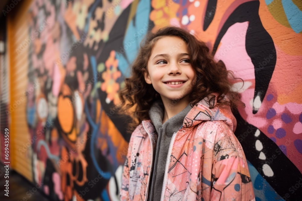 portrait of smiling little girl looking at camera on graffiti wall background