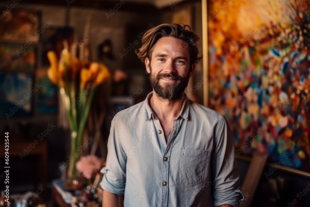 Portrait of a smiling male artist standing in his studio and looking at camera Portrait of a smiling male artist standing in his studio and looking at camera
