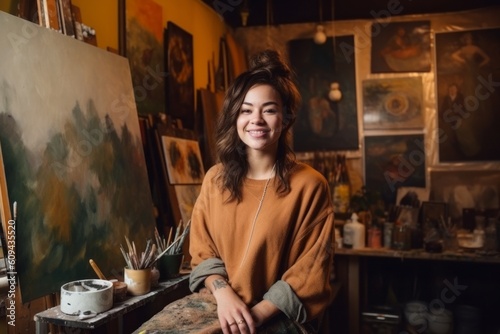 Medium shot portrait photography of a satisfied woman in her 30s that is wearing a cozy sweater against a quiet painting studio with artists creating masterpieces background . Generative AI