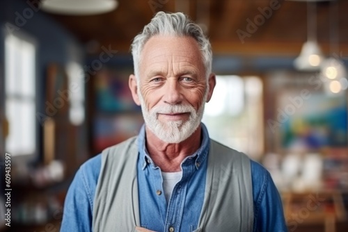 Portrait of smiling senior man standing with arms crossed in coffee shop