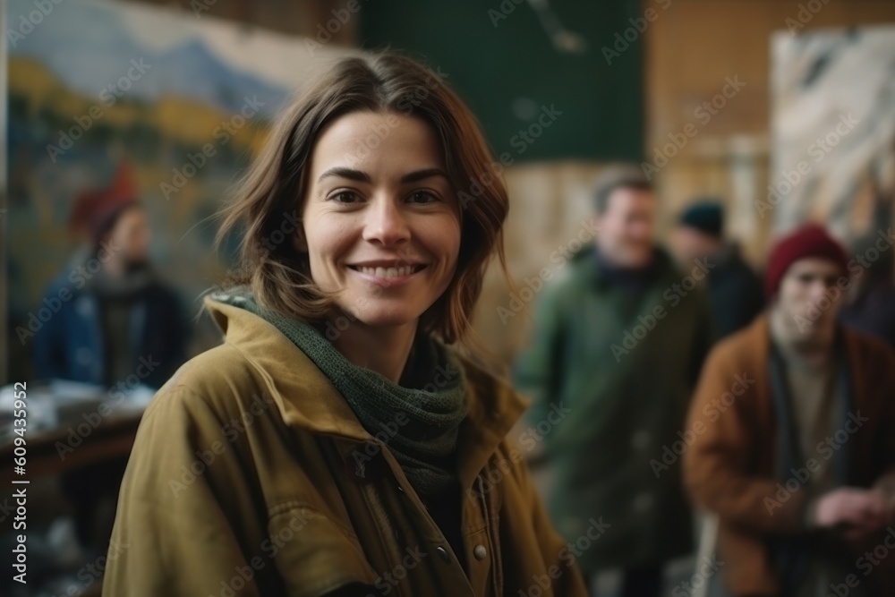 Portrait of a beautiful young woman smiling at the camera in an art gallery Portrait of a beautiful young woman smiling at the camera in an art gallery