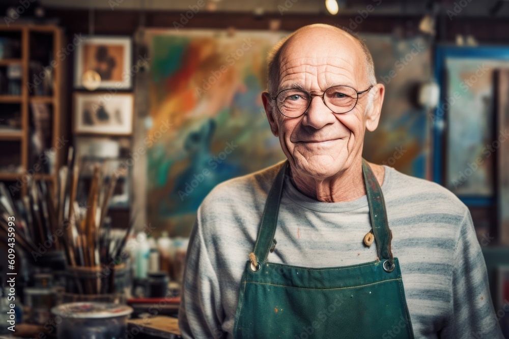 Fototapeta premium Portrait of a smiling senior artist in his studio. Selective focus.
