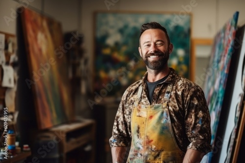 Portrait of a smiling artist standing in his studio and looking at camera