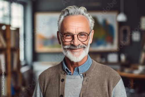 Medium shot portrait photography of a grinning man in his 60s that is wearing a chic cardigan against a quiet painting studio with artists creating masterpieces background . Generative AI