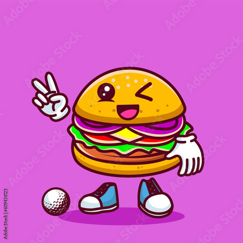 Vector illustration of kawaii burger cartoon character with stick golf and ball. Vector eps 10