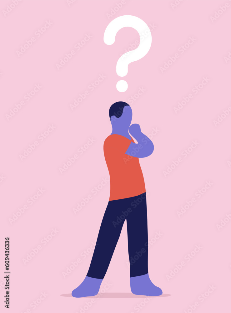 A standing male faceless character is in doubt having a question mark above his head A standing male faceless character is in doubt having a question mark above his head