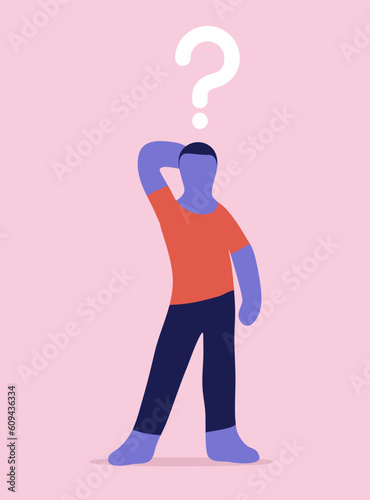 A standing male faceless character is in doubt having a question mark above his head