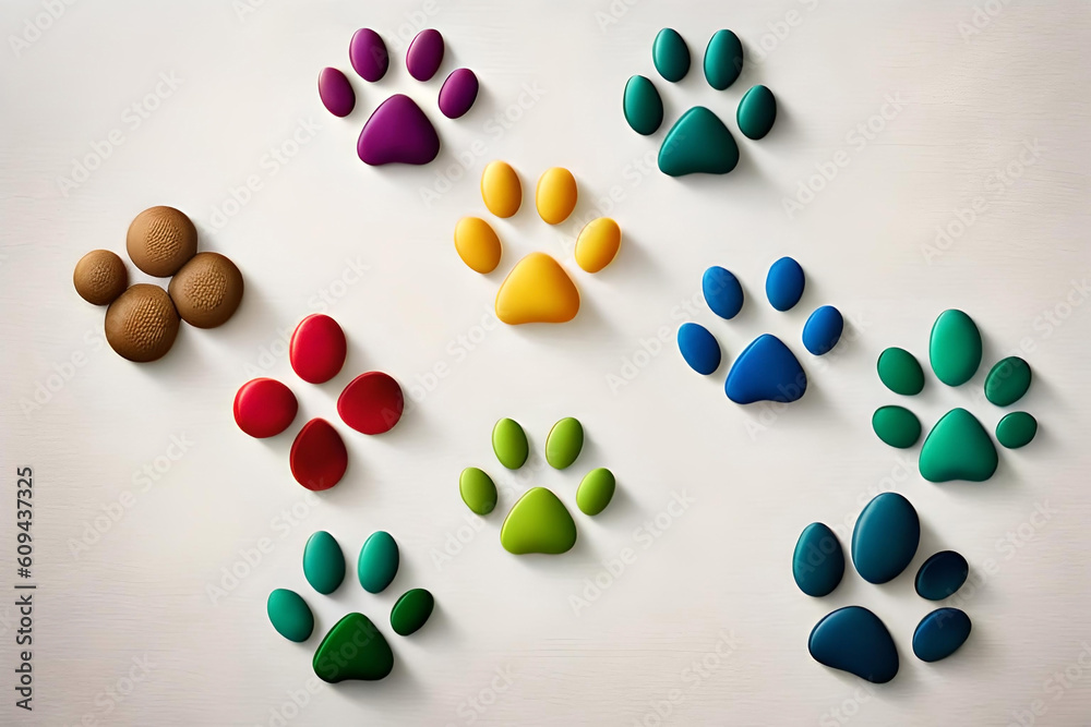 an array of colorful paw prints, set against a light blue background, arranged in a flat lay composition with generous copy space an array of colorful paw prints, set against a light blue background, arranged in a flat lay composition with generous copy space