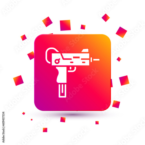 White UZI submachine gun icon isolated on white background. Automatic weapon. Square color button. Vector