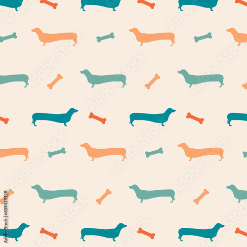 Simple vector seamless pattern with dachshund 
 dog silhouette vector illustration, flat design with dogs on background