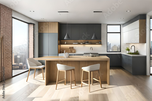 Interior design of modern and minimalist kitchen space with bar stools  and wooden cabinets that features luxury  clean lines  bold contrast  and sleek finishes for a contemporary feel   Generative AI