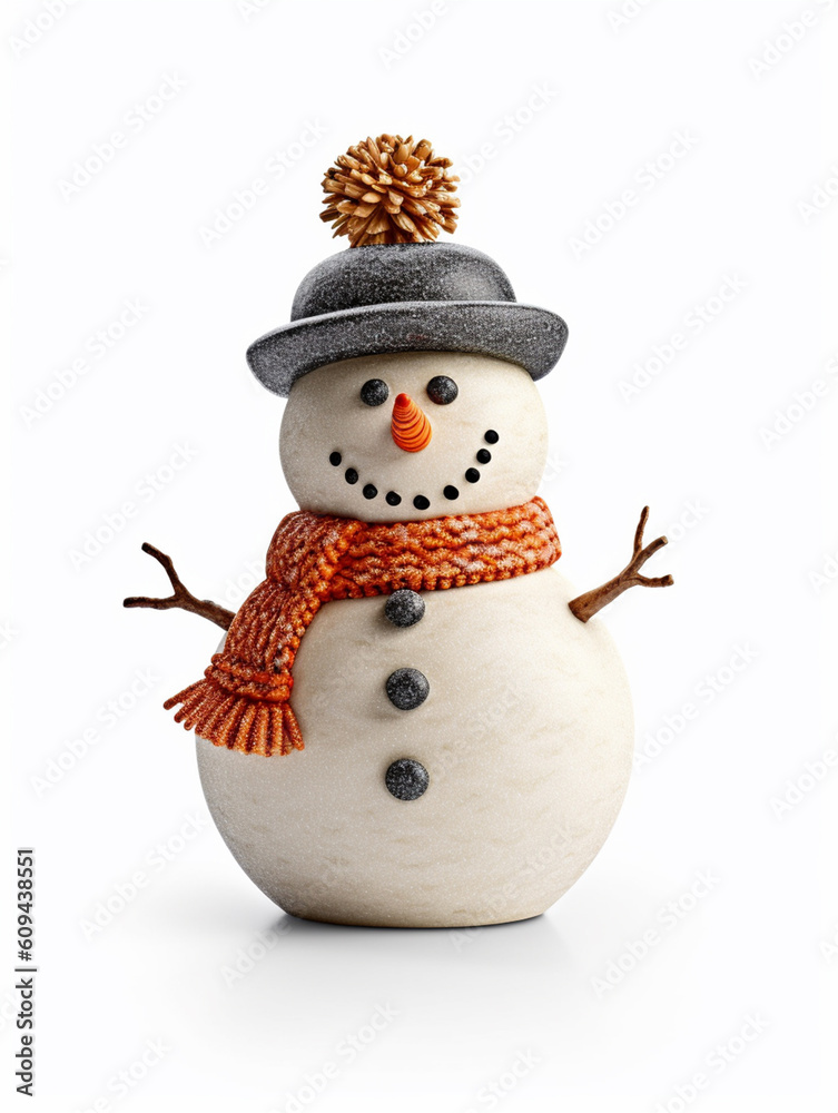 A cute snowman is isolated on white background. A long sharp nose and a happy smile. Wearing a hat and scarf. A cute snowman is isolated on white background. A long sharp nose and a happy smile. Wearing a hat and scarf.