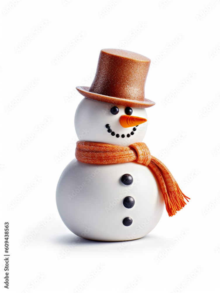 A cute snowman is isolated on white background. A long sharp nose and a happy smile. Wearing a hat and scarf.