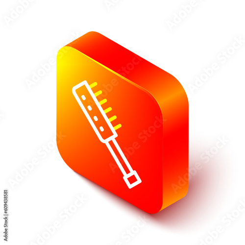 Isometric line Sauna brush icon isolated on white background. Wooden brush with coarse bristles for washing in the bath. Anti cellulite massage. Orange square button. Vector