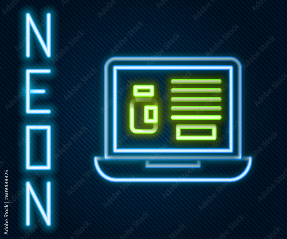 Glowing neon line Buying drugs online on laptop icon isolated on black background. Online buying symbol. Colorful outline concept. Vector Illustration Glowing neon line Buying drugs online on laptop icon isolated on black background. Online buying symbol. Colorful outline concept. Vector Illustration