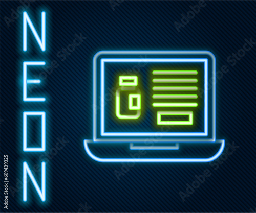 Glowing neon line Buying drugs online on laptop icon isolated on black background. Online buying symbol. Colorful outline concept. Vector Illustration