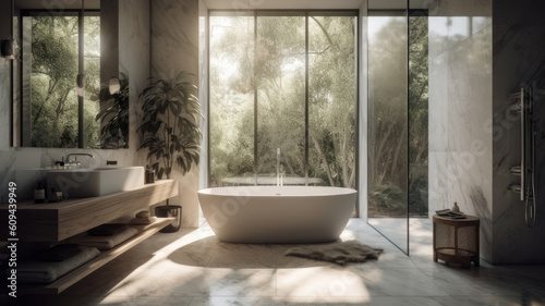 Contemporary bathroom design  high-end designer bathroom with freestanding tub  natural light and white marble. 