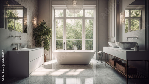 Contemporary bathroom design, high-end designer bathroom with freestanding tub, natural light and white marble. 