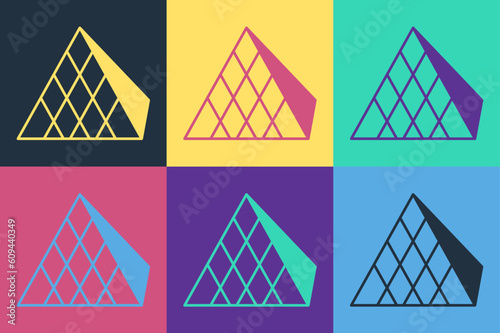 Pop art Louvre glass pyramid icon isolated on color background. Louvre museum. Vector