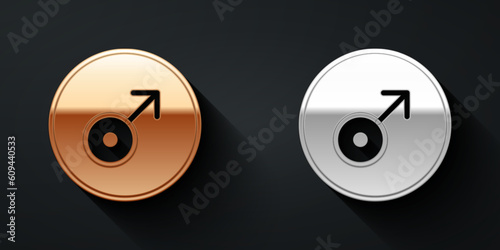 Gold and silver Mars symbol icon isolated on black background. Astrology, numerology, horoscope, astronomy. Long shadow style. Vector