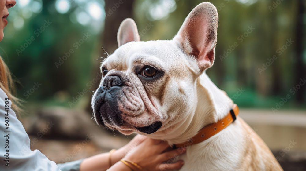 Closeup side view smiling portrait of French Bulldog