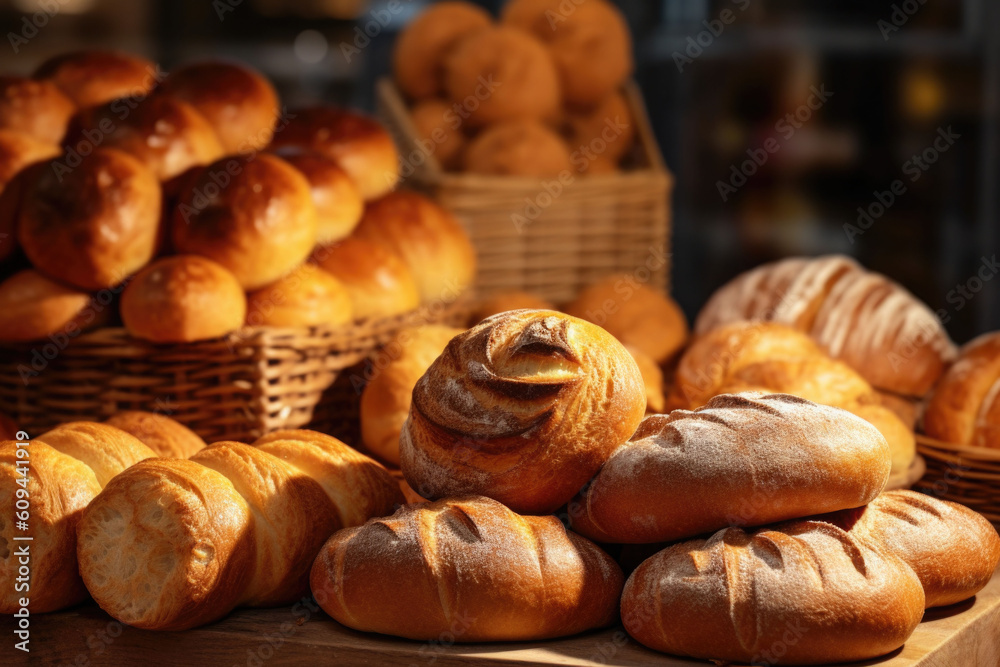 A bakery store with bread and pastries. Different kinds of bread, cakes and buns. Generative AI A bakery store with bread and pastries. Different kinds of bread, cakes and buns. Generative AI