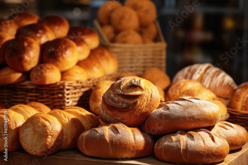 A bakery store with bread and pastries. Different kinds of bread, cakes and buns. Generative AI