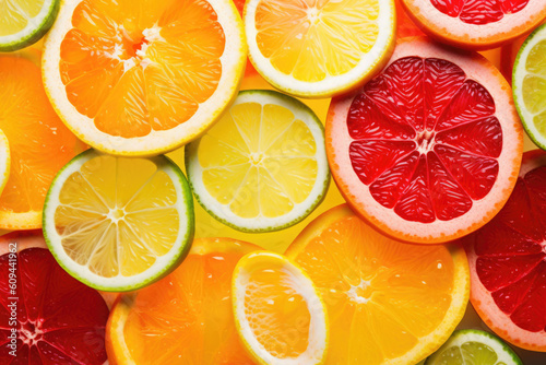Fresh slices of different types of citrus: orange, lime, lemon, grapefruit. Generative AI