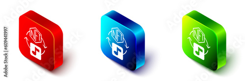 Isometric NFT Digital crypto art icon isolated on white background. Non fungible token. Red, blue and green square button. Vector