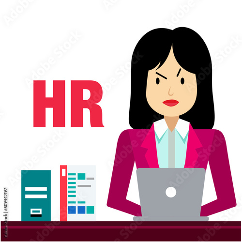 Human Resources Manager flat style vector illustration , female HR or angry female office worker working on a laptop vector image