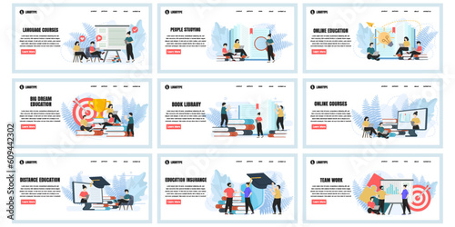 Set of web page design templates for education, Team work, Online education, Online courses web page composition with people characters. Modern vector illustration concepts