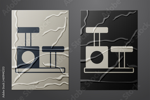 White Cat scratching post with toy icon isolated on crumpled paper background. Paper art style. Vector