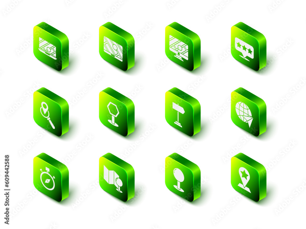 Set City map navigation, Monitor with location marker, Map pointer star, Globe flying plane, Road traffic sign, Push pin and Folded push icon. Vector Set City map navigation, Monitor with location marker, Map pointer star, Globe flying plane, Road traffic sign, Push pin and Folded push icon. Vector
