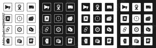 Set Monitor and phone, Clock, Address book, Megaphone, Envelope, Location mail e-mail, Telephone with speech bubble chat and Chain link icon. Vector