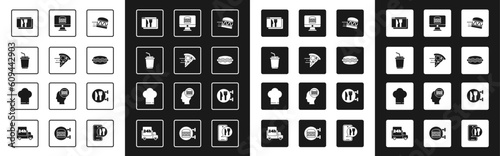 Set Online ordering burger delivery, pizza, Paper glass with water, and, Hotdog sandwich, Cafe restaurant location and Chef hat icon. Vector