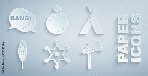 Set Hexagram sheriff, Indian teepee or wigwam, feather, Tomahawk axe, Canteen water bottle and Bang boom, gun Comic icon. Vector
