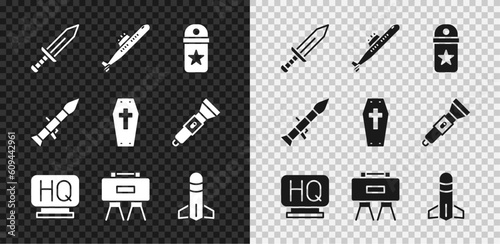 Set Sword, Submarine, Chevron, Military headquarters, mine, Rocket, launcher and Coffin with cross icon. Vector