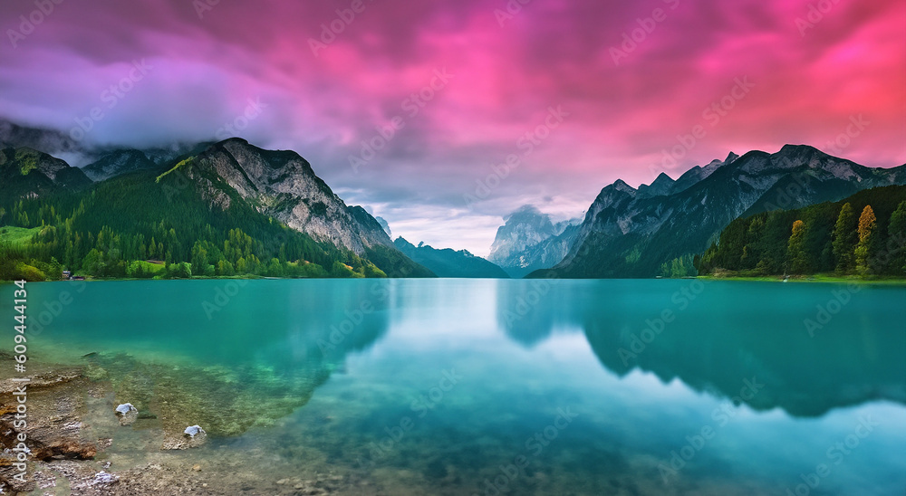 beautiful lake with mountains in the background and a purple sky