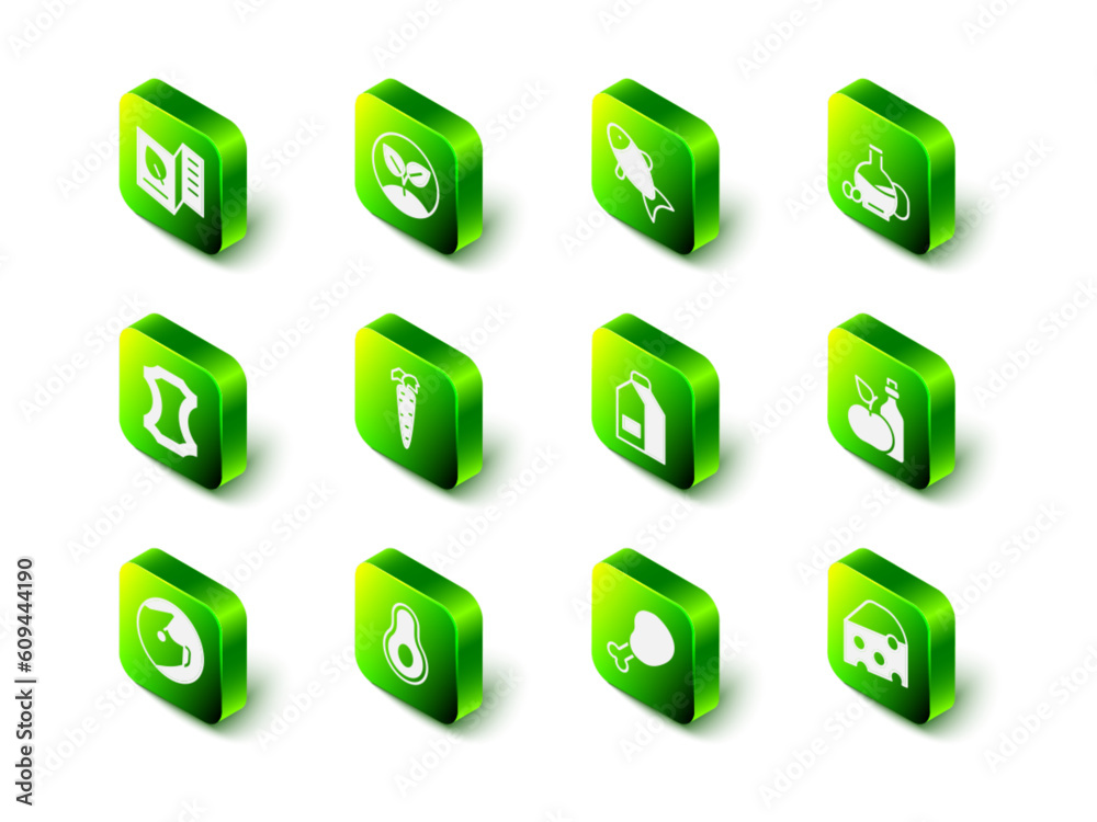Set Sprout, Fish, Bottle of olive oil, Apple cider vinegar in bottle, Cheese, Paper package for milk, Chicken leg and Avocado fruit icon. Vector Set Sprout, Fish, Bottle of olive oil, Apple cider vinegar in bottle, Cheese, Paper package for milk, Chicken leg and Avocado fruit icon. Vector