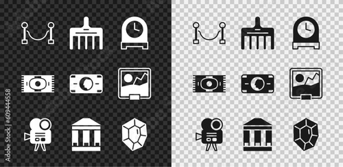 Set Rope barrier, Hairbrush, Antique clock, Retro cinema camera, Museum building, Gem stone, Classic carpet and Stacks paper money cash icon. Vector
