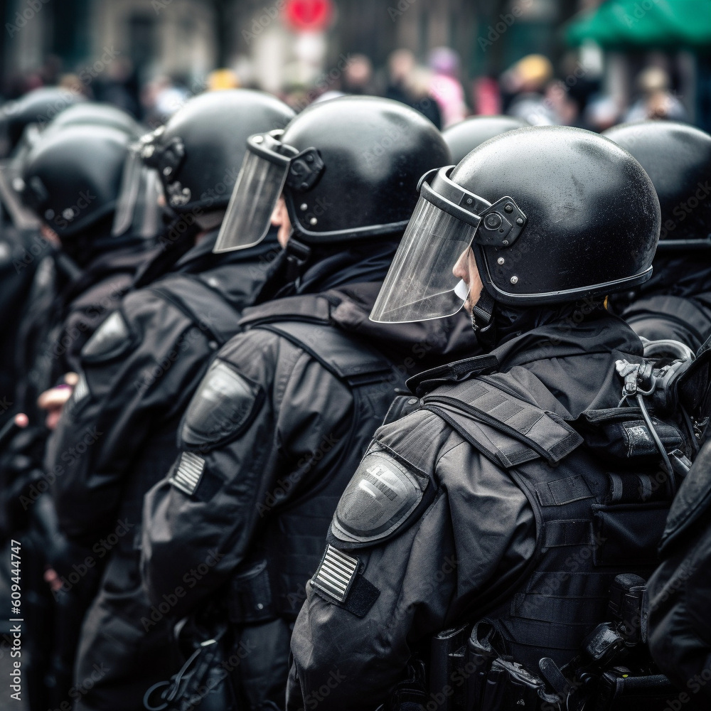 Naklejka premium escadron de forces de l'ordre en rang serré lors du maintien de l'ordre - IA Generative