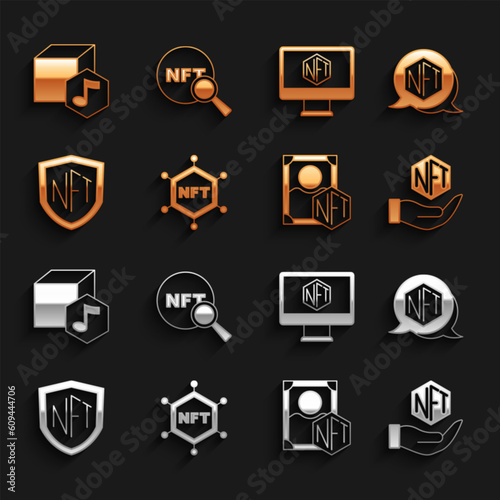 Set NFT blockchain technology, Digital crypto art, shield, Monitor with store app, and Search icon. Vector