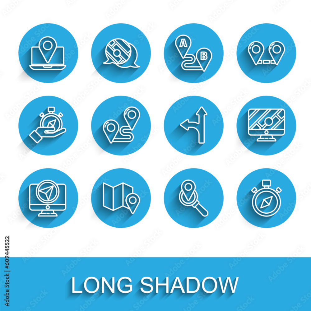 Set line Monitor with location marker, Folded map, Laptop, Search, Compass, Route, and Road traffic sign icon. Vector Set line Monitor with location marker, Folded map, Laptop, Search, Compass, Route, and Road traffic sign icon. Vector