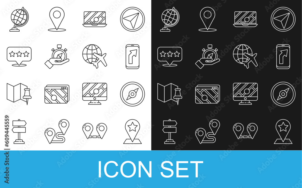 Set line Map pointer with star, Compass, City map navigation, Earth globe and Globe flying plane icon. Vector