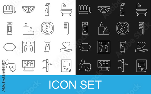 Set line Leaf document, Heart on hand, Hairbrush, Spray can for hairspray, Burning candle, Bottle of shampoo, Sauna bucket ladle and Yin Yang icon. Vector