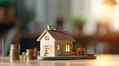House model and coin holder money on the table for finance and banking concepts. Property investment mortgage and home rental concept earning from home.