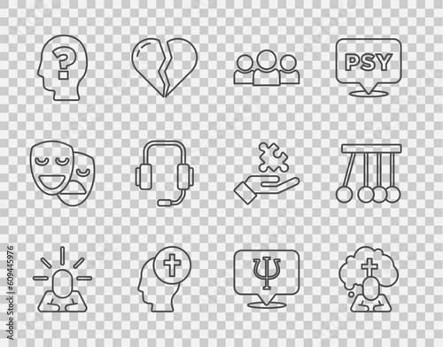 Set line Depression, Man graves funeral sorrow, Users group, Head with question mark, Psychologist online, Psychology, Psi and Pendulum icon. Vector