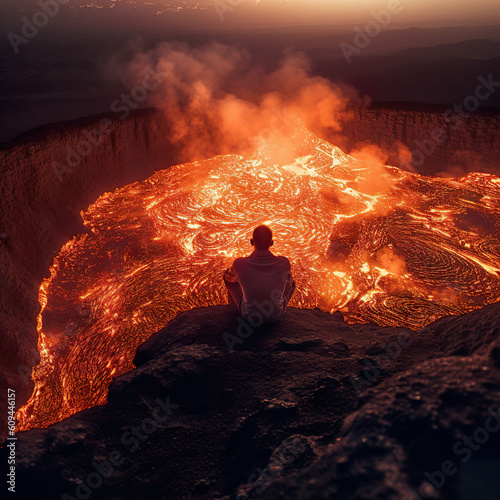 A tourist man sitting on the edge of a volcano looking down at the erupting lava. Man looking on closeup of flowing lava with smoke and steam rising from the surface. Generative AI photo